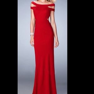 La Femme Red off shoulder jersey prom dress